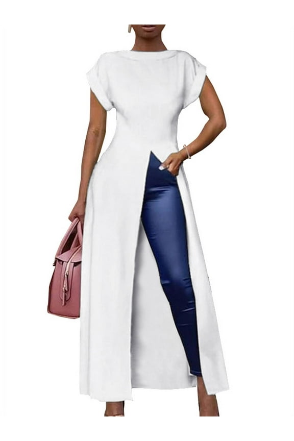 Women's Short Sleeve Open Fork Blouse Irregular High-Low Maxi T-Shirt Tops