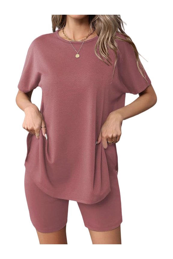 Women's Short Sleeve Oversized Biker Outfits Top Tracksuit Shorts for Lounge Blush Color XXL