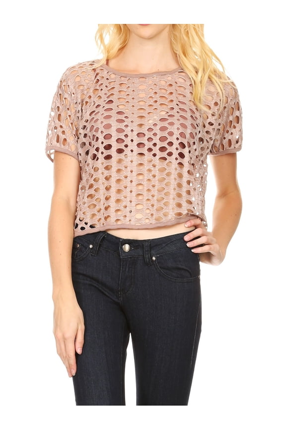 Women?s Short Sleeve Oversized Perforated Fishnet Holes Crop Top (Khaki, Large)