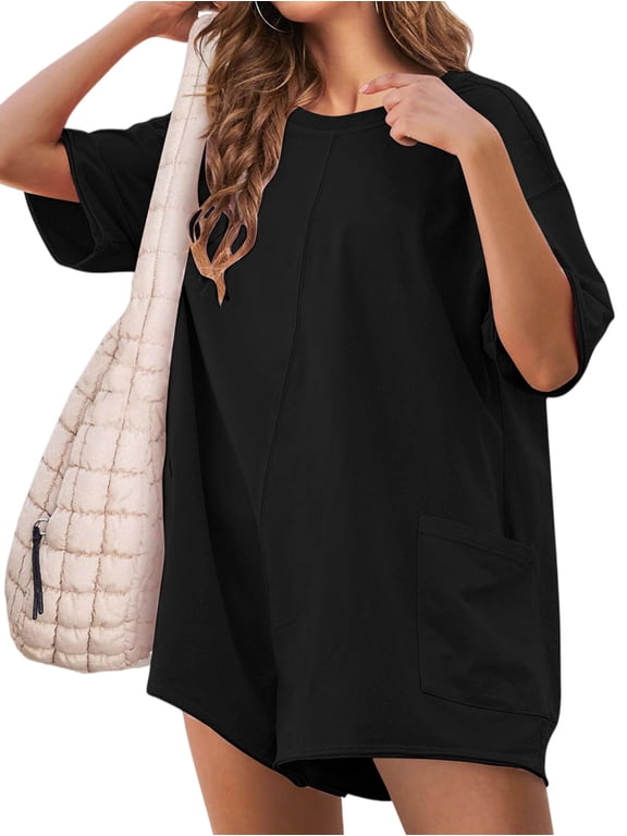 Women's Short Sleeve Oversized Pockets Rompers Athletic Deep Romper for Casual Workout Black S