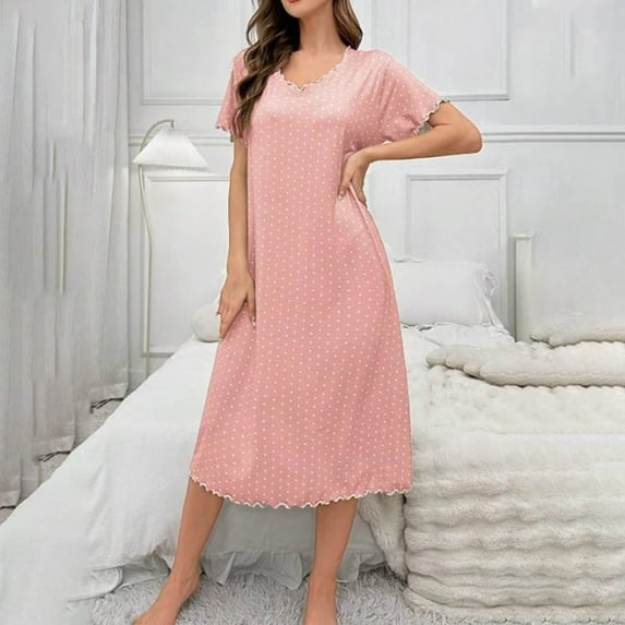 Women's Short Sleeve Pajama Dress Casual Loungewear Mid-Calf Sleep Dress Soft Comfortable Nightgown for Ladies Daily Breathable Home Wear Multicolor XL