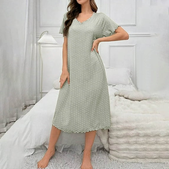 Women's Short Sleeve Pajama Dress Casual Loungewear Mid-Calf Sleep Dress Soft Comfortable Nightgown for Ladies Daily Breathable Home Wear Green M
