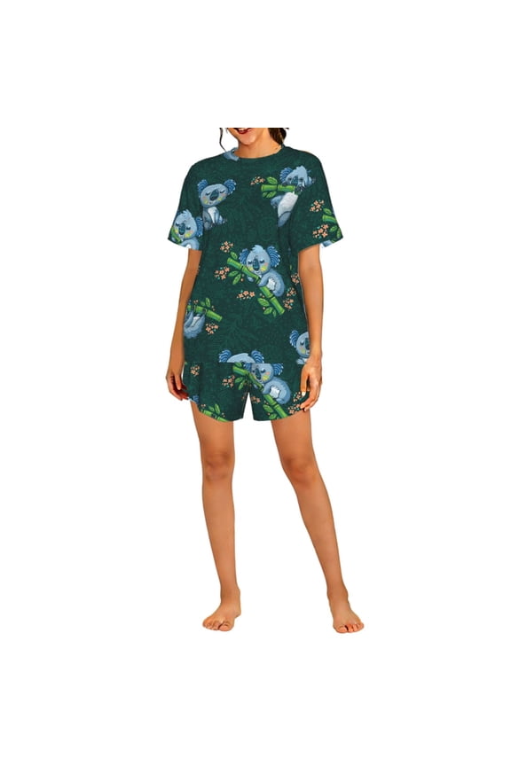 Women's Short Sleeve Pajama Set 2-Piece Loungewear Sleepwear Top and Shorts, Cute Koalas Tropical