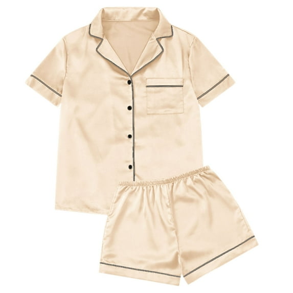 Women's Short Sleeve Pajama Set Comfortable Sleepwear Wear Soft Casual Home Outfit Basic Solid Color Nightwear For Daily Use,Beige,S