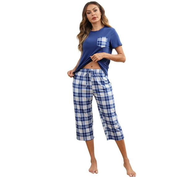Women's Short Sleeve Pajamas Sets with Capri Pants 2 Piece Womens Capri Pajama Sets with Pockets Summer Plaid Print Sleepwear Set for Women, S-XXL