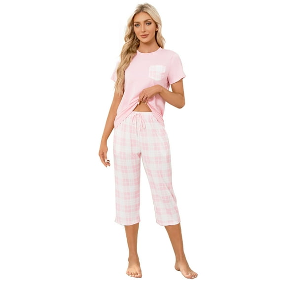 Women's Short Sleeve Pajamas Sets with Capri Pants 2 Piece Womens Capri Pajama Sets with Pockets Summer Plaid Print Sleepwear Set for Women, S-XXL