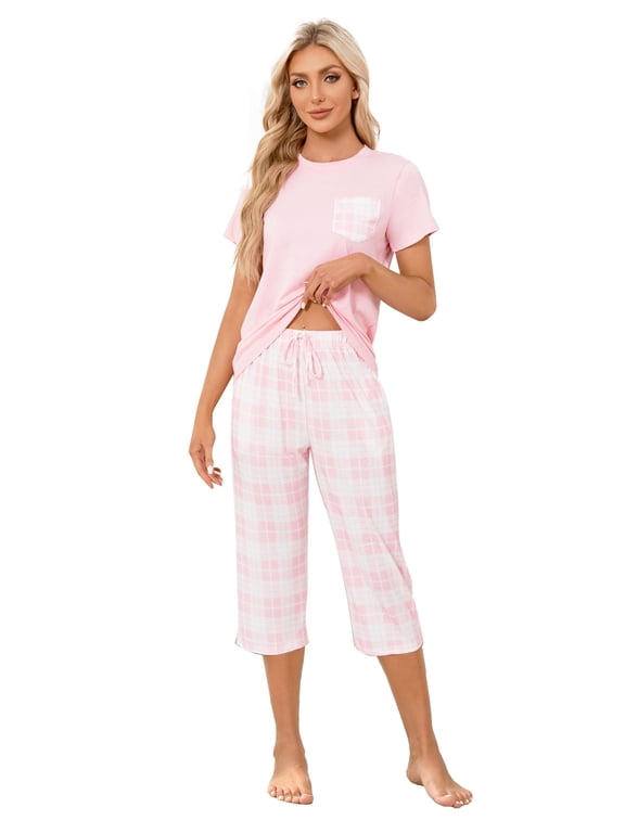 Women's Short Sleeve Pajamas Sets with Capri Pants 2 Piece Womens Capri Pajama Sets with Pockets Summer Plaid Print Sleepwear Set for Women, S-XXL