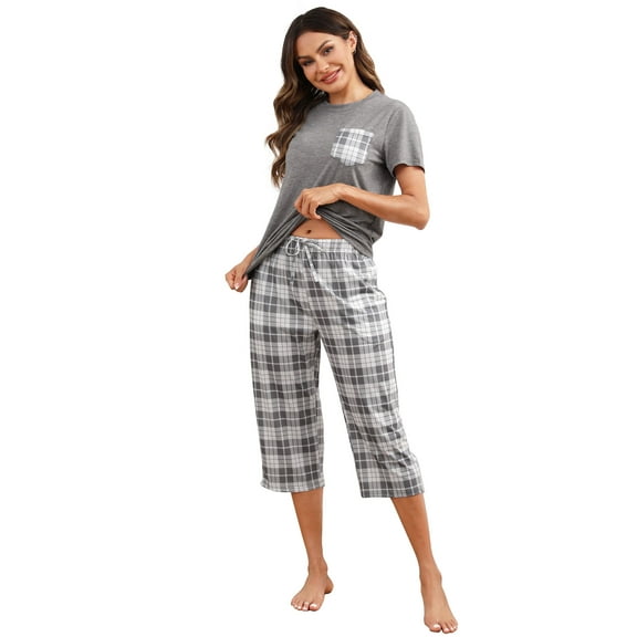 Women's Short Sleeve Pajamas Sets with Capri Pants 2 Piece Womens Capri Pajama Sets with Pockets Summer Plaid Print Sleepwear Set for Women, S-XXL