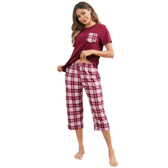 Women's Short Sleeve Pajamas Sets with Capri Pants 2 Piece Womens Capri Pajama Sets with Pockets Summer Plaid Print Sleepwear Set for Women, S-XXL