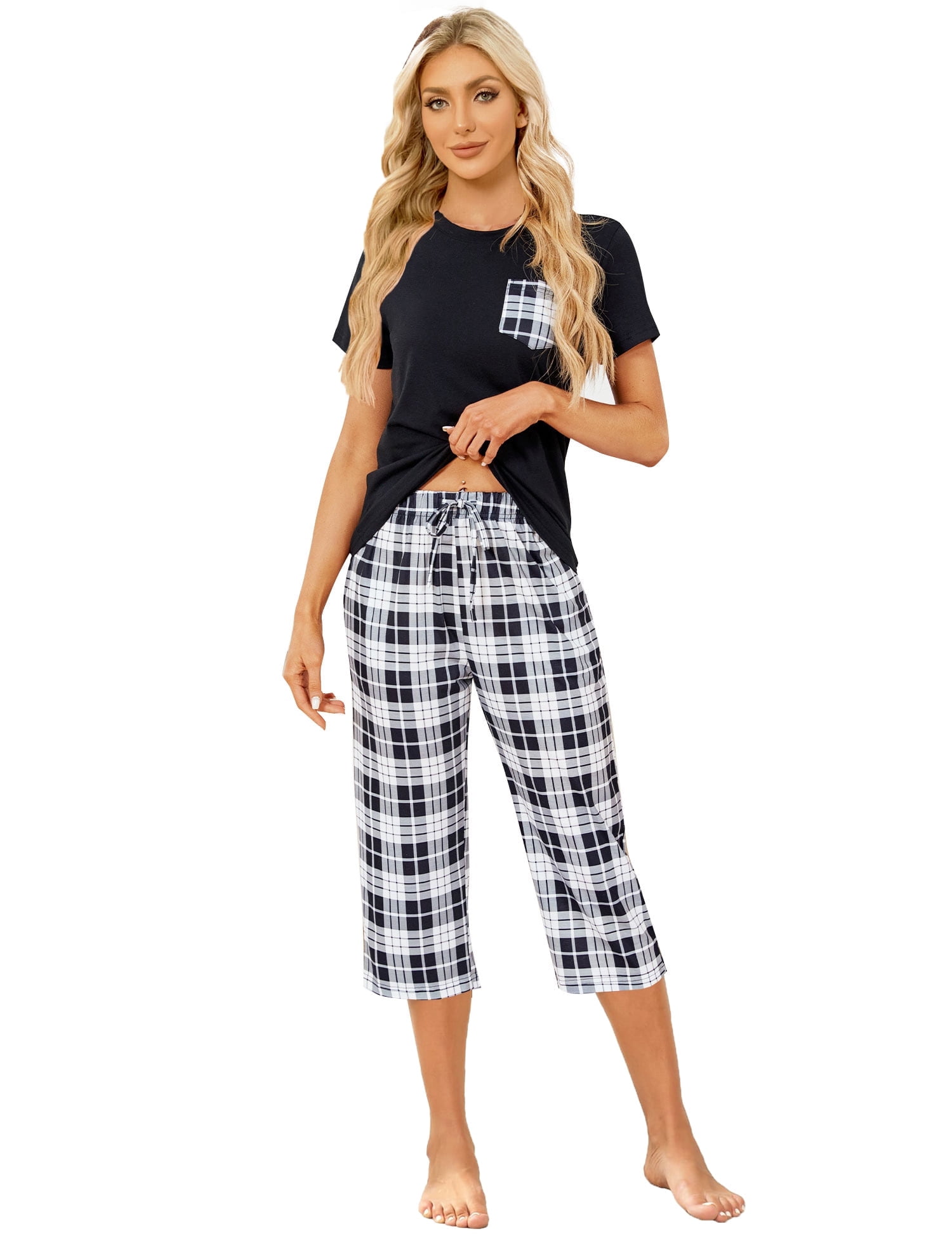 Anyally Women's Summer Pajama Set - Short Sleeve Top & Capri Pants With Pockets - View #11