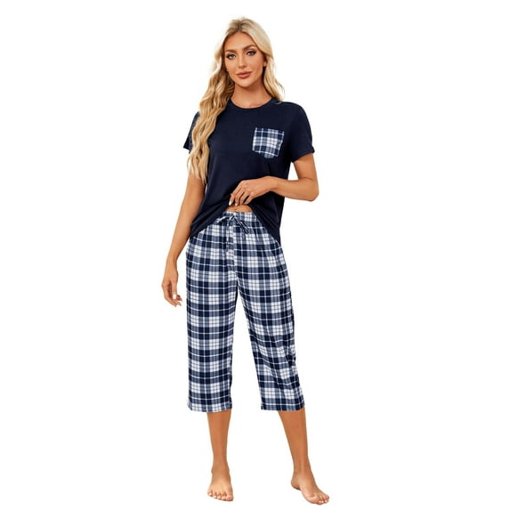 Women's Short Sleeve Pajamas Sets with Capri Pants 2 Piece Womens Capri Pajama Sets with Pockets Summer Plaid Print Sleepwear Set for Women, S-XXL