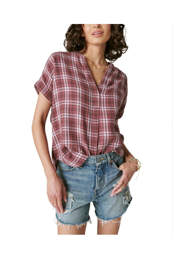 Women's Short-Sleeve Plaid Popover Shirt Burgundy Plaid XS