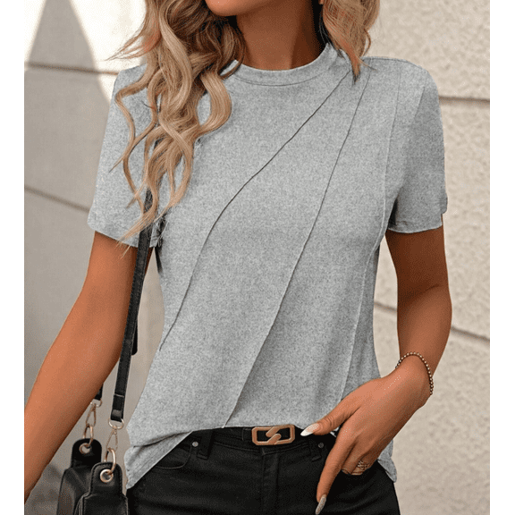 Women's Short Sleeve Pleated Crewneck T Shirts Work Business Loose Tops Summer Casual Basic Soft Tees
