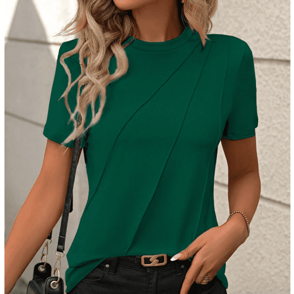 Women's Short Sleeve Pleated Crewneck T Shirts Work Business Loose Tops Summer Casual Basic Soft Tees