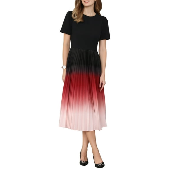 INSPIRE CHIC Women's Short Sleeve Pleated Dress 2025 Spring Trendy Office Work A-Line Midi Dresses XL Red