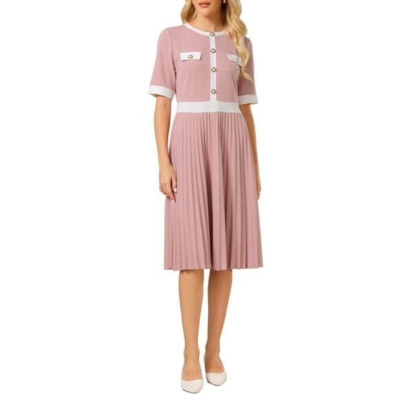 Women's Short Sleeve Pleated Dress 2025 Trendy Contrast Color Casual Work A-Line Midi Dresses M Pink