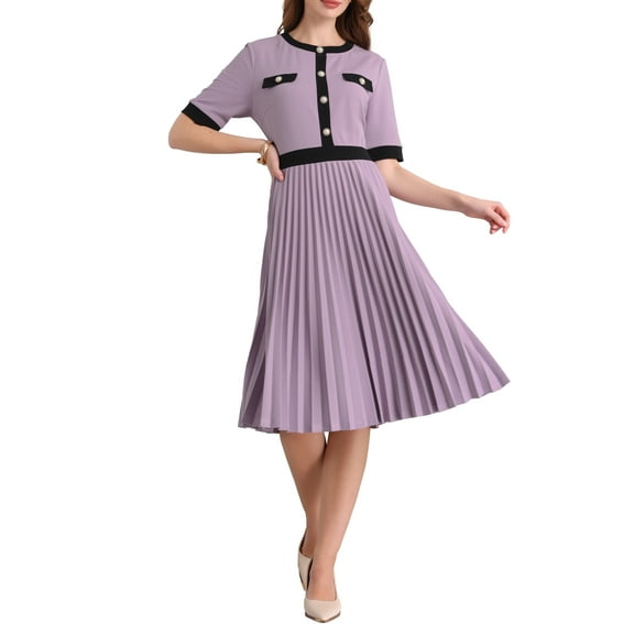 Women's Short Sleeve Pleated Dress 2025 Trendy Contrast Color Casual Work A-Line Midi Dresses S Purple