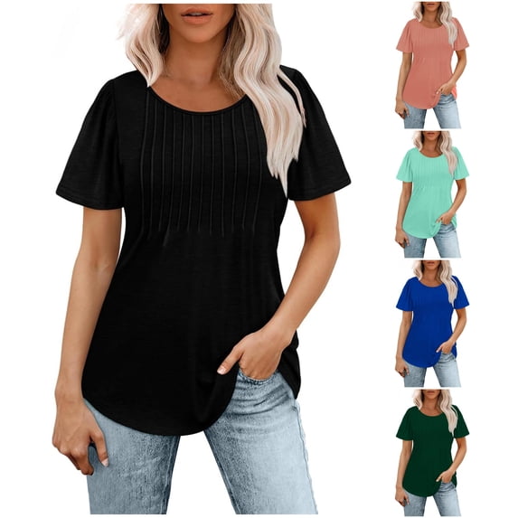Women’s Short Sleeve Pleated T Shirts Dressy Casual Neck Summer Tops Blouses