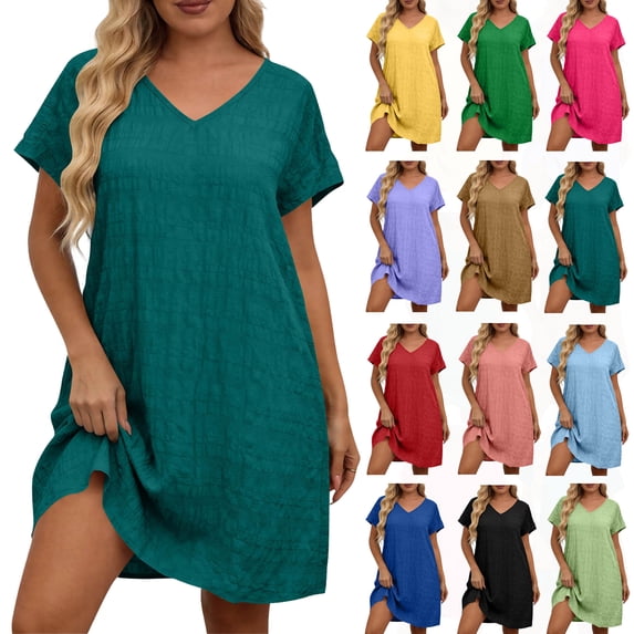 Women's Short Sleeve Plus Size Maxi Dress Fashion Women's Plus Size Casual Solid Short Sleeved V-Neck Dress Blue L