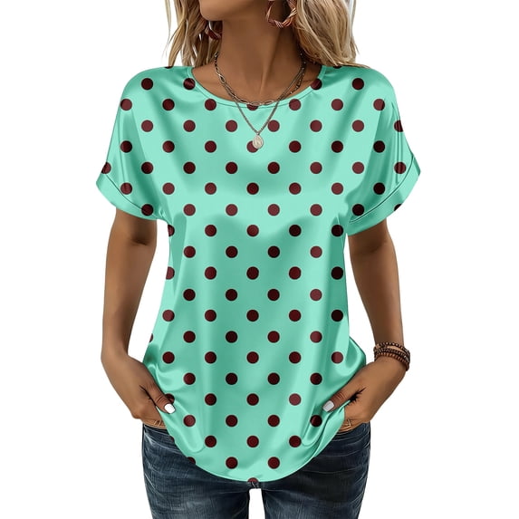 Women’s Short Sleeve Polka Dot Print Loose Fit Crew Neck Casual Blouse Lightweight Soft Fabric Top for Daily Wear Green L