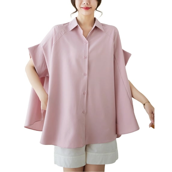 Women's Short Sleeve Polo Collar Solid Color Button Down T-Shirts Blouse GA2651 Pink