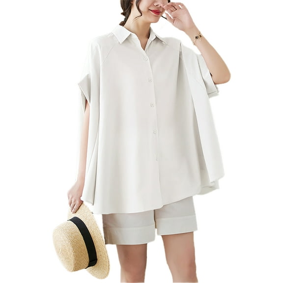 Women's Short Sleeve Polo Collar Solid Color Button Down T-Shirts Blouse GA2651 White