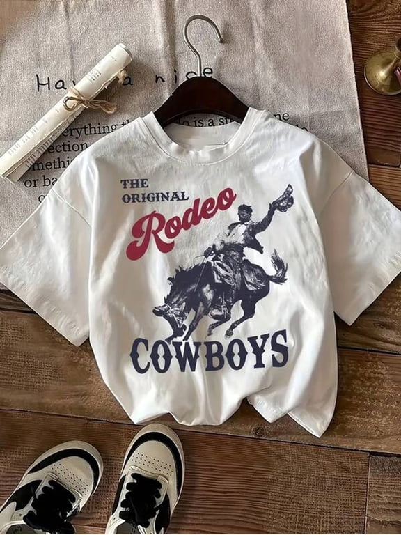 Women's Short Sleeve Print T-Shirt The Original Rodeo Vintage Cowboy Graphic Western Cowboy Casual Cowboy Riding Horse