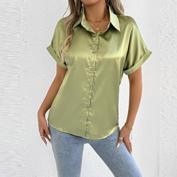 Women's Short Sleeve Printed Button-Down Blouse, Soft Polyester Casual Top for Everyday Wear
