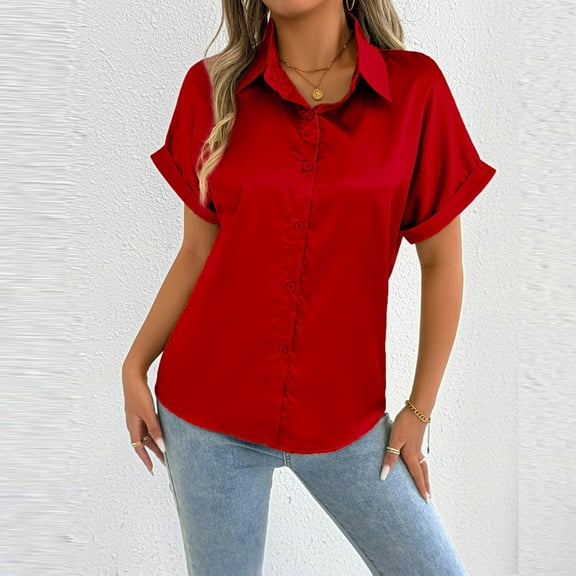 Women's Short Sleeve Printed Button-Down Blouse, Soft Polyester Casual Top for Everyday Wear