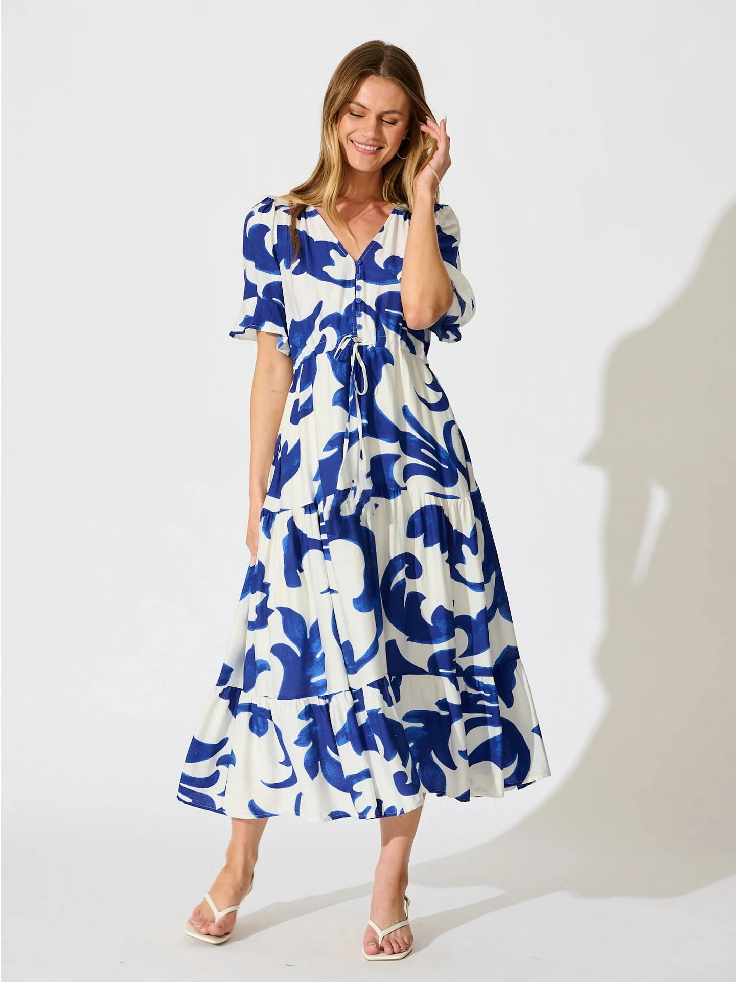 midi blue dress Floral Length:55cm/21.7