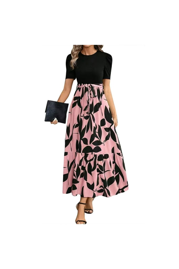 Women's Short Sleeve Puff Top Maxi Dress Floral Print A Line Flowy Swing Long Dress for Casual Party Wedding Guest Lightweight Breathable Fabric Comfort Fit,Sizes XS-2XL