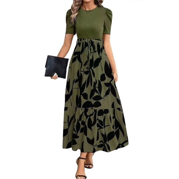 Women's Short Sleeve Puff Top Maxi Dress Floral Print A Line Flowy Swing Long Dress for Casual Party Wedding Guest Lightweight Breathable Fabric Comfort Fit, Sizes XS-2XL