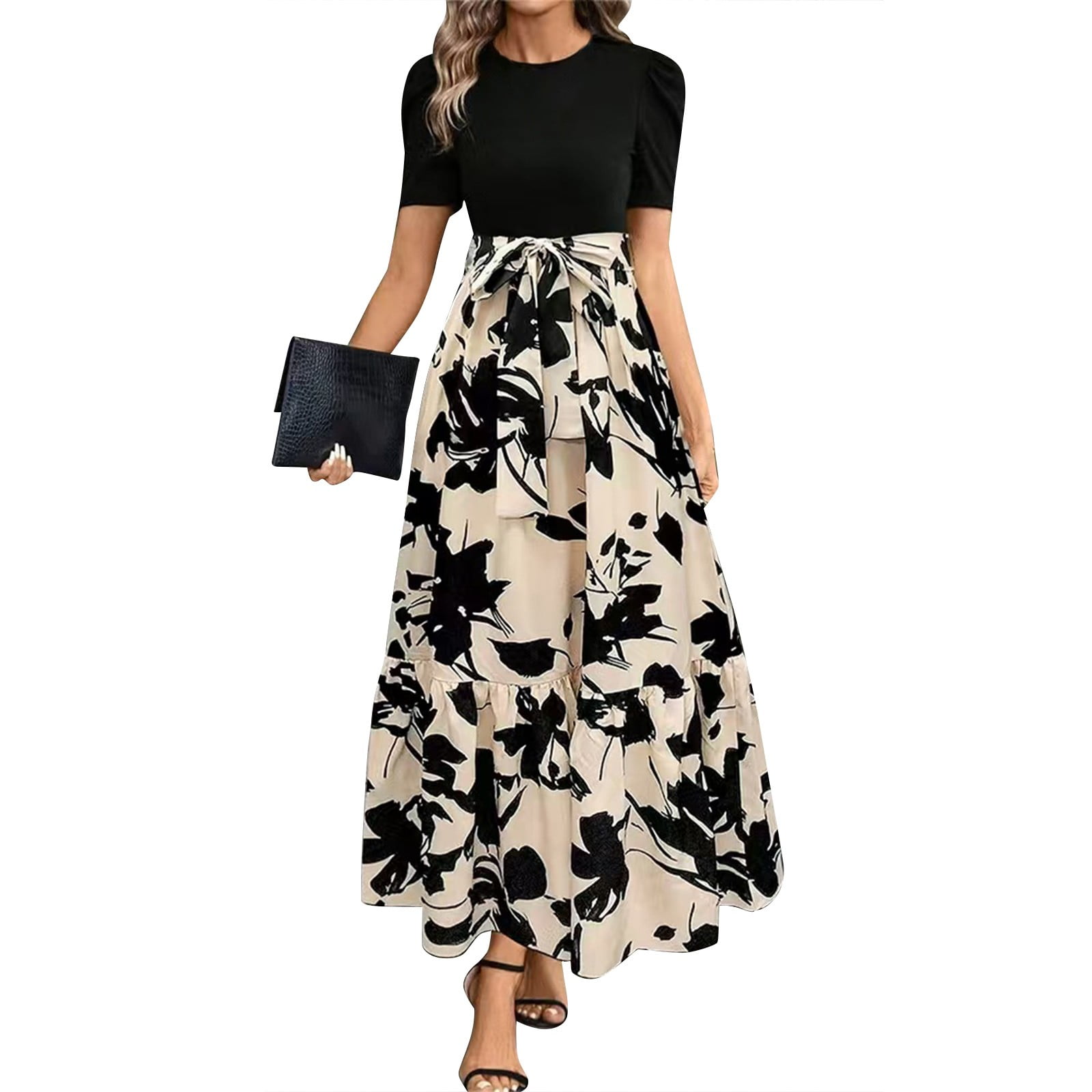 maxi dress with black top and printed bottom High Slit Floral Maxi Dress - Black