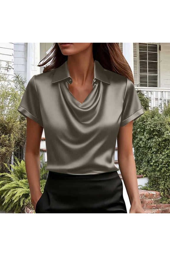Women's Short Sleeve Pullover Blouses Satin Silk Shirts Casual Loose Elegant Work Tunic Tops ,Gray - XL