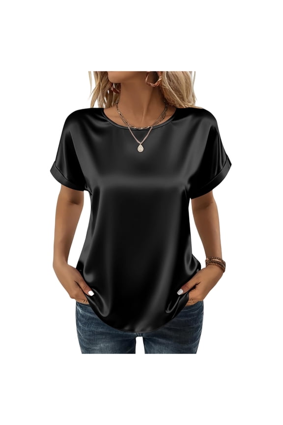 Women's Short Sleeve Pullover Blouses Satin Silk Shirts Casual Loose Work Tunic Tops Black 2XL
