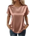 thumbnail image 1 of Women's Short Sleeve Pullover Blouses Summer Satin Silk Shirts Casual Loose Work Tunic Tops Khaki S, 1 of 5