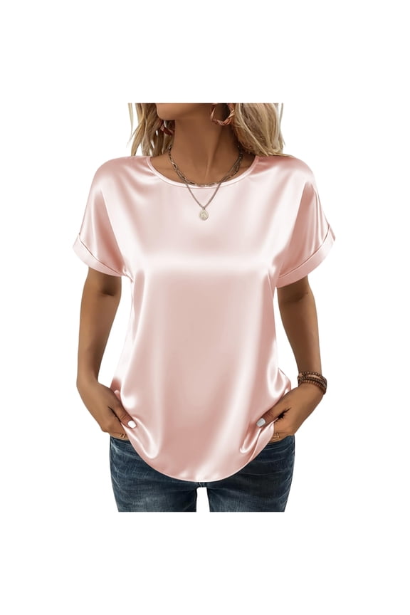 Women's Short Sleeve Pullover Blouses Summer Satin Silk Shirts Casual Loose Work Tunic Tops Light pink 2XL