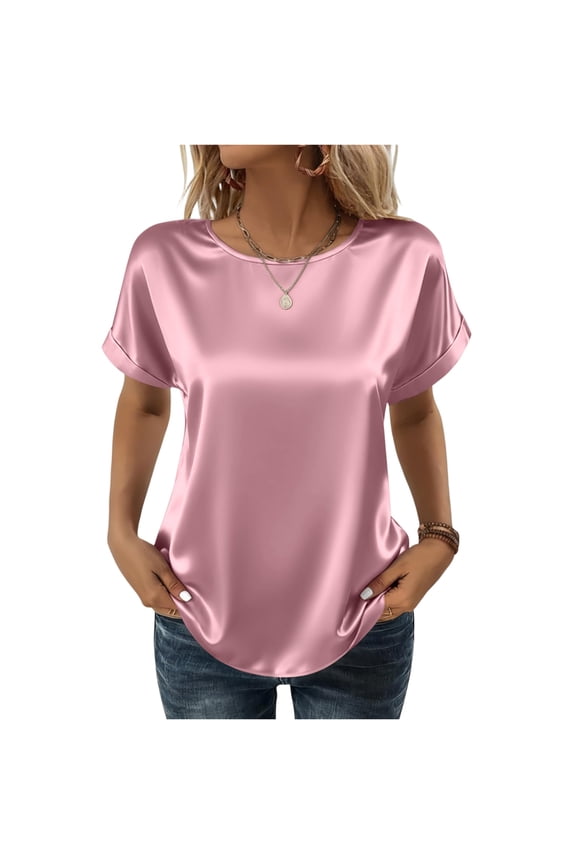 Women's Short Sleeve Pullover Blouses Summer Satin Silk Shirts Casual Loose Work Tunic Tops Pink L