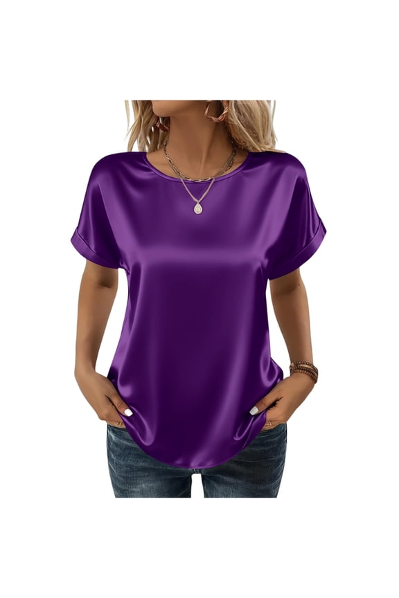 Women's Short Sleeve Pullover Blouses Summer Satin Silk Shirts Casual Loose Work Tunic Tops Purple XL