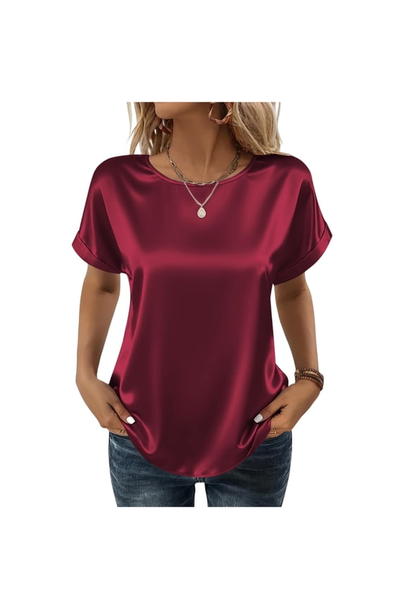 Women's Short Sleeve Pullover Blouses Summer Satin Silk Shirts Casual Loose Work Tunic Tops Wine M