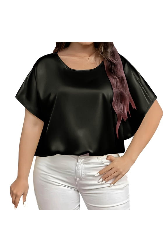 Women's Short Sleeve Pullover Plus Size Blouses Satin Silk Shirts Casual Loose Work Tunic Tops