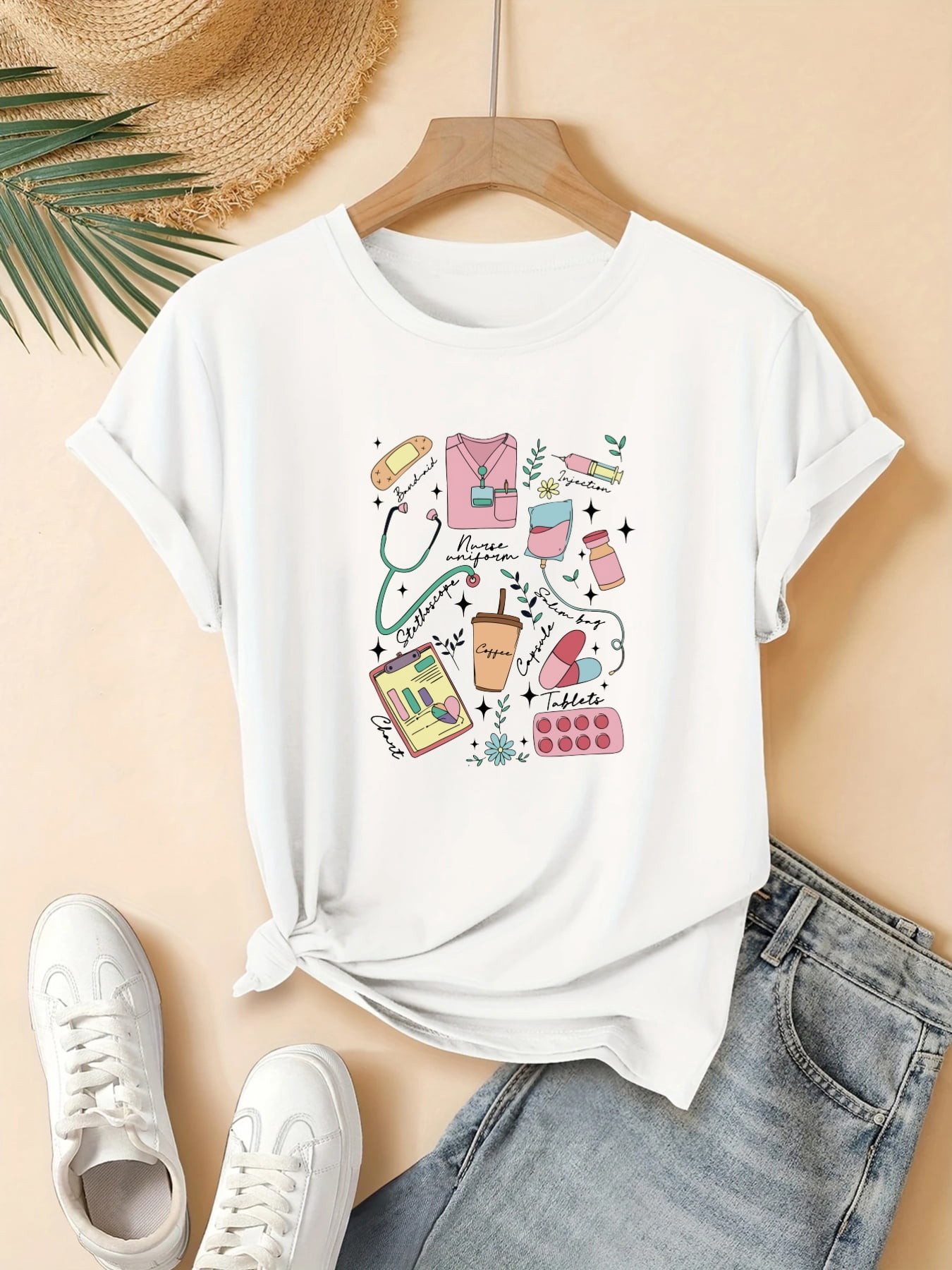Women's Short‑Sleeve Regular‑Fit Top‑2D Geometric Nurse‑Themed Print ...