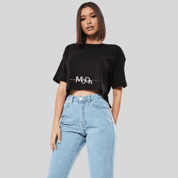 Women’s Short Sleeve, Relaxed Fit Summer Trend Black Moda Crop Top Size S, M, L, XL, 2XL
