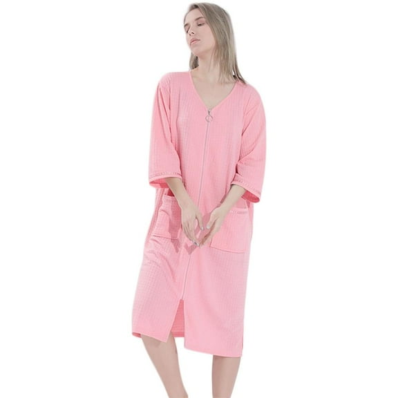 Women's Short Sleeve Robes Zip Front Nightgowns Loose Housecoat Loungewear Dress Duster with Pockets