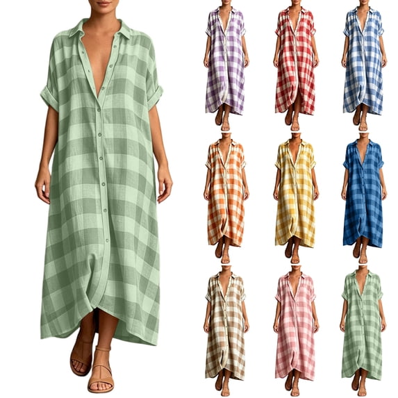 Women's Short Sleeve Roll Up Gingham Maxi Shirt Dress Causal Loose Button Down Summer Flowy Long Plaid Dress Beach Travel Outfits Khaki S