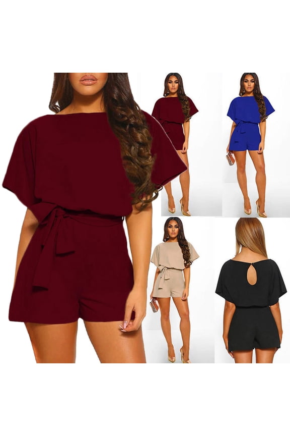 Women's Short Sleeve Rompers, One Piece Summer Shorts Jumpsuits Belted Elastic Waist Keyhole Back Fashion Overalls with Pockets New Wine XXL