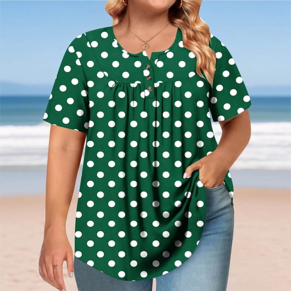 Women's Short Sleeve Round Neck Button-Up Pleated T-Shirt