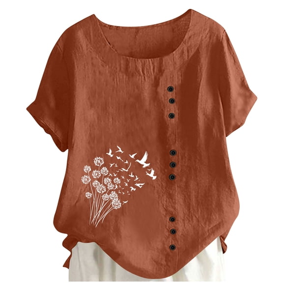 Women's Short Sleeve Round Neck Floral Print Tees Spring Summer Casual Outfits Blouse Top with Buttons My Items