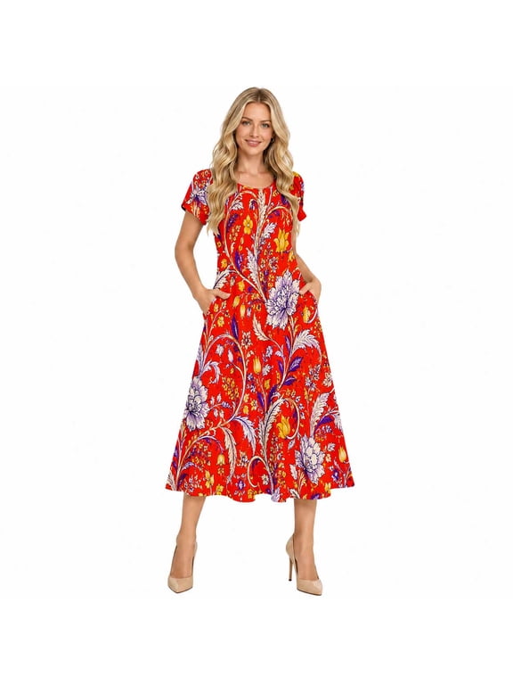 Women's Short Sleeve Round Neck Midi Dress with Pockets, Casual A-Line Dress