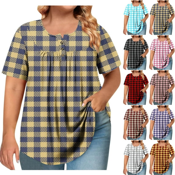 Women's Short Sleeve Round Neck Pleated T-Shirt Tops Blouses Tees Button Up Front Loose Fit Casual Daily Wear Work Office Vacation Fashion Essential Gift for Women | Aestivo,White L